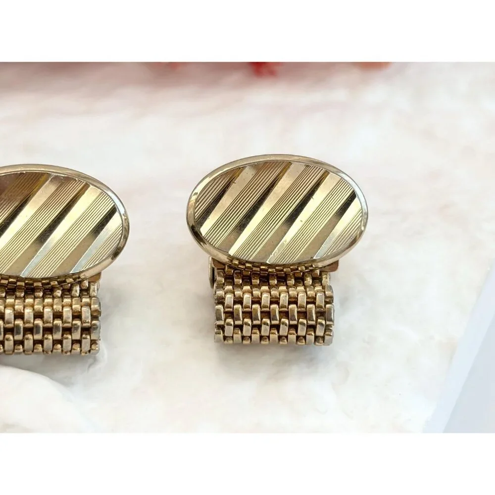 Textured Midcentury Style Oval Retro Gold Toned Round Vintage Cuff Links